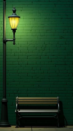 a bench sitting next to a street light near a green brick wall and lamp post