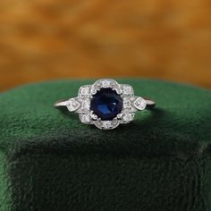 Round Saphire Ring, Vintage Sapphire Engagement Ring 1920s Art Deco Diamond, Art Deco Blue Sapphire Ring With Center Stone, Blue Lab-created Sapphire Promise Jewelry, Blue Lab-created Sapphire Jewelry For Promise, Art Deco Round Sapphire Jewelry, Blue Diamond Ring, Art Deco Style, Gift, Art Deco Sapphire Jewelry With Round Cut, Art Deco Sapphire Round Cut Jewelry