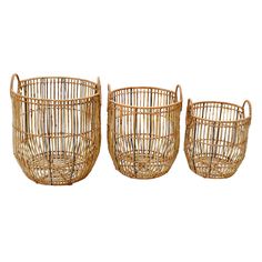 three baskets with handles on each side and one in the middle, set against a white background