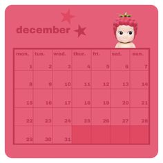 a pink calendar with an image of a doll on it