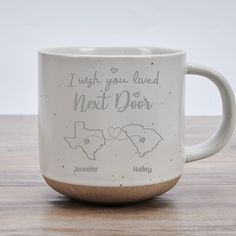 PRICES MAY VARY. 🎁 Personalized Long Distance Friendship Mug: Show your best friend, sister, or bestie how much you care with this customized state-to-state ceramic mug, featuring the loving message "I Wish We Lived Closer" or "I Wish You Lived Next Door" engraved on both sides for a meaningful and lasting design. 🎁 High-Quality Pottery Mug: Made from durable ceramic, this 11oz mug is perfect for everyday use, ensuring it holds up through countless mornings of coffee or tea. The lasting engraved design keeps your message vibrant and meaningful over time. 🎁 Microwave & Dishwasher Safe: Designed for convenience, this long distance friendship mug is both dishwasher and microwave safe, allowing for easy cleaning and reheating without compromising the quality of the engraving. 🎁 Customizabl Long Distance Mugs, Make Someone Happy, Customized Mug, Distance Friendship, Long Distance Friendship, Sister Best Friend, Inspirational Text, Engraved Design, Meaningful Messages