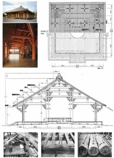 the plans and drawings for an old wooden building, with various details in black and white