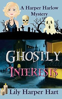 the cover for ghostly interests by lily harper hart, with two cartoon characters in front of a graveyard