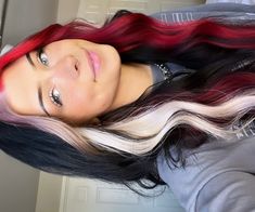 Hair Dye Long Hair, Non Traditional Hair Color Ideas, Wine Red Hair With Money Pieces, Black White And Red Hair, Hair Color Ideas Summer, 2 Hair Colors Ideas, Dark Brown Hair With Red Money Piece, Black And Red Split Dye, Fun Winter Hair Color Ideas