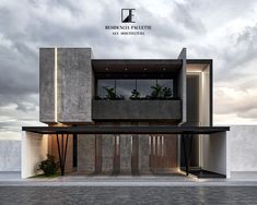 an architectural rendering of a modern house with concrete walls and windows, on a cloudy day