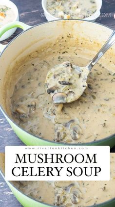 mushroom celery soup in a green pot with a spoon