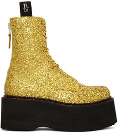 Ankle-high glittered canvas boots in gold tone. · Lace-up closure · Webbing pull-loops at collar · Zip closure at back · Grained leather lining · Topstitching at welt · Foam rubber platform midsole · Treaded Vibram® rubber sole · Platform: H2.5 Supplier color: Gold sparkle R13 Boots, Goth Shoes, Gold Boots, Brown Chelsea Boots, Glitter Boots, High Ankle Boots, Canvas Boots, Golden Glitter, High Waist Fashion