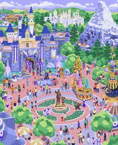 an image of a cartoon park with many people and animals in the park, all dressed up