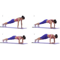 the woman is doing an exercise on her yoga mat with four different positions to do it