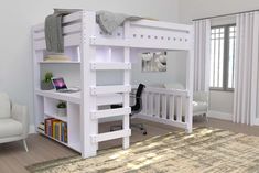 a white loft bed with desk underneath it in a living room next to a window