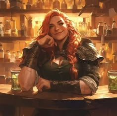 a woman with red hair sitting at a bar