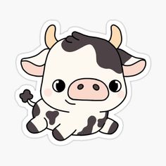 a cartoon cow with black and white spots on it's face, sitting down