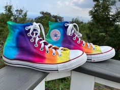 Grab these previously loved Converse shoes at a bargain! They have some scuffs but are in great condition! The All Star patch is a little faded. Men's 9, Women's 11 (US), UK 9, EUR 42.5, CM 27.5 You will receive the pair in the photo! Dye Converse, Tie Dye Converse, Rainbow Converse, Converse All Star High, Baskets Converse, Mode Shoes, How To Dye Shoes, Painted Sneakers, Yellow Boots