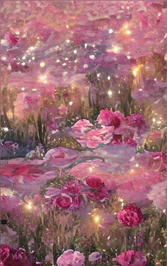 an abstract painting with pink flowers and lights