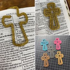 the cross is made out of glitter paper and then placed on top of an open bible