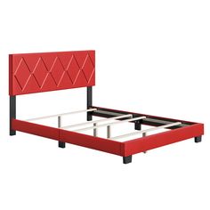 a red bed frame with black legs and headboard is shown in front of a white background