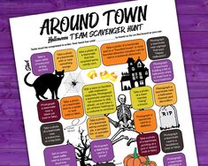 the halloween town scavenger hunt is shown on a purple wooden table with pumpkins and