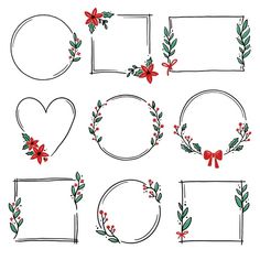 hand drawn christmas frames with bows, holly and hearts on white paper for your design