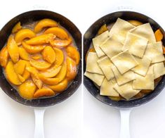 two pans filled with food sitting on top of a white counter next to each other