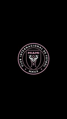 the miami international airport logo is shown in pink and white on a black background,