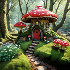 an image of a mushroom house in the woods