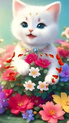 a white kitten with blue eyes sitting in flowers