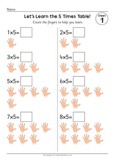 a printable worksheet for the 5 times table with hands and numbers on it