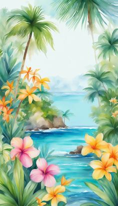 Aesthetic Tree Drawing, Summer Flower Drawing, Hawaiian Images, Illustration Phone Wallpaper, Cute Aesthetic Background, Phone Wallpaper Iphone, Tropical Aesthetic, Tropical Illustration