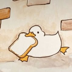 a drawing of a duck with a piece of bread in it's mouth next to a brick wall