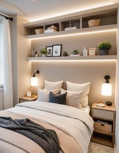 a bed with white sheets and pillows in a bedroom