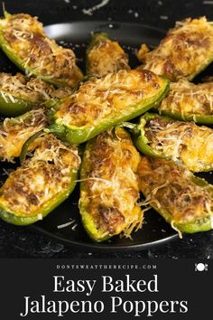 easy baked jalapeno poppers on a black plate with text overlay