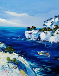 an oil painting of a boat on the water near some white cliffs and blue sky