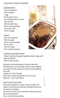 the recipe for chocolate malva pudding is shown in an image above it's description