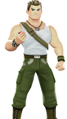 a cartoon character in green pants and white shirt with his hand on his hip, holding a