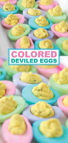 colorful deviled eggs are sitting on plates with the words colored deviled eggs above them