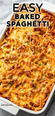 an easy baked spaghetti dish in a white casserole dish