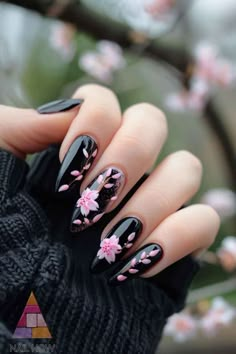 #nails #nailart #nailsofinstagram #u #manicure #beauty #nail #gelnails #nailsoftheday #nailsonfleek #nailstagram #nailsart #nailstyle #instanails #naildesign #acrylicnails #nailsdesign #cherry# nails Black Cherry Blossom Nails, Black Nails Pink Flowers, Nail Cherry Blossom, Cherry Blossom Almond Nails, Nail Art Cherry Blossom, Japanese Cherry Blossom Nail Art, Acrylic Nails Cherry Blossom, Blossom Gel Nails, Cherry Blossom Nails Acrylic