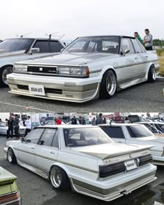 two pictures of cars parked next to each other in a parking lot with people looking at them