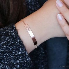 Bar bracelet, sterling silver or gold filled • – mquez Engraved Bar Bracelet, Gold Bow Tie, Handwriting Bracelet, Monogram Bracelet, Bracelet Initial, Bar Bracelet, Gold Bond, Gold Earrings Designs, Initial Bracelet