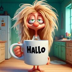 a cartoon character holding a coffee cup with the word hello written on it in front of her face