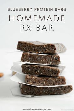 blueberry protein bars are stacked on top of each other with the words homemade rx bar