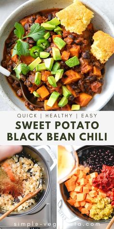 sweet potato and black bean chili in a bowl with chopsticks on the side