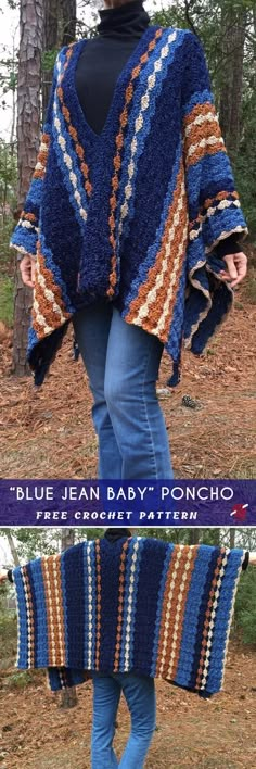 a woman is wearing a blue and brown crocheted poncho while standing in the woods