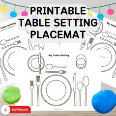 the printable table setting placemat is shown with blue plates and silverware on it