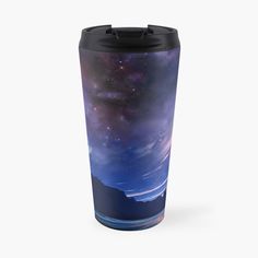 an image of the night sky with stars and clouds on it travel mug, designed to look like a painting