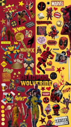 various stickers and decals on the side of a yellow sheet with an image of deadpool wolverine