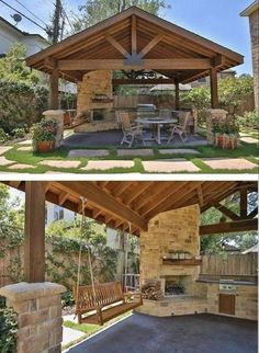 an outdoor kitchen and dining area are shown in two different pictures, one is made out of