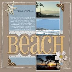 the word beach is written in gold and blue with pictures of palm trees, flowers, and waves