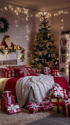 a bedroom decorated for christmas with presents on the floor