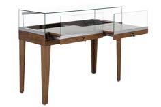 two tables with glass top and wooden legs on each side, one is open to the other